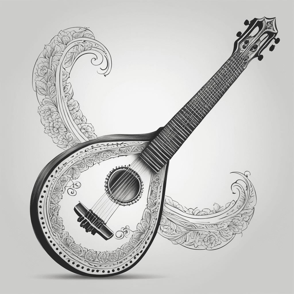 Create a realistic tattoo design of a veena, the Indian classical musical instrument, in a minimalistic style. Use subtle shading for depth and a slight 3D effect, focusing on the veena's elegant curves without intricate interior details. Keep the lines clean and smooth, with gentle highlights and shadows to make it appear slightly raised. Aim for a simple, refined look suitable for a small tattoo.