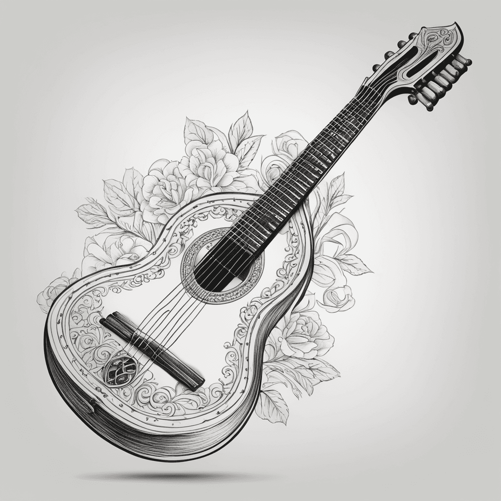 Create a realistic tattoo design of a veena, the Indian classical musical instrument, in a minimalistic style. Use subtle shading for depth and a slight 3D effect, focusing on the veena's elegant curves without intricate interior details. Keep the lines clean and smooth, with gentle highlights and shadows to make it appear slightly raised. Aim for a simple, refined look suitable for a small tattoo.