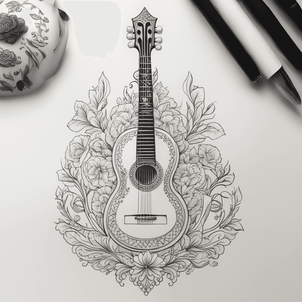 Create a realistic tattoo design of a veena, the Indian classical musical instrument, in a minimalistic style. Use subtle shading for depth and a slight 3D effect, focusing on the veena's elegant curves without intricate interior details. Keep the lines clean and smooth, with gentle highlights and shadows to make it appear slightly raised. Aim for a simple, refined look suitable for a small tattoo.