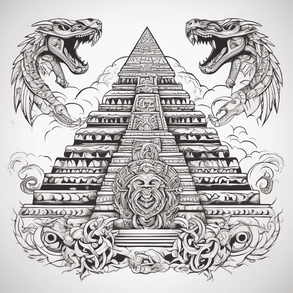 AZTECAS LUCHANDO EN FRENTE DE UNA PIRAMIDE CON EL DIOS DE SERPIENTE VOLANDO ALREDEDOR