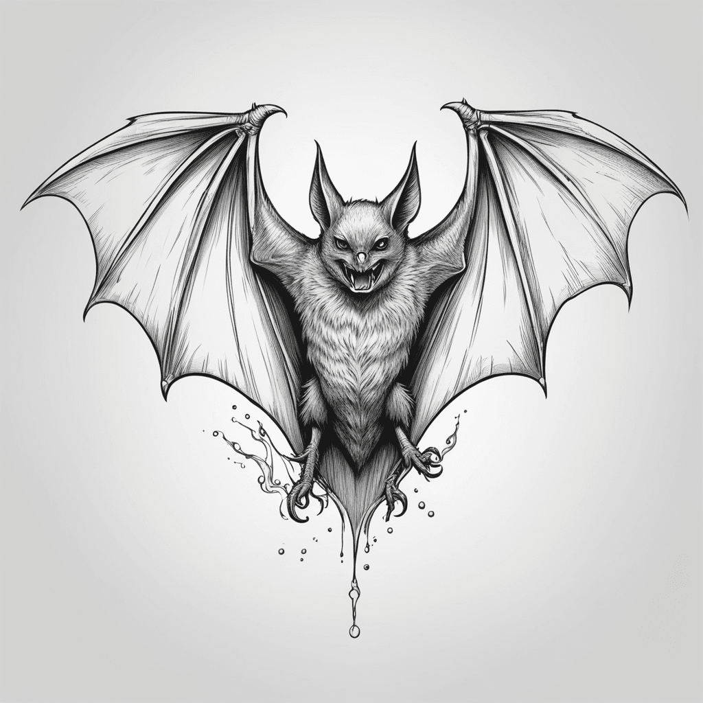 tattoo sketch in black and white line style,  detailed realistic bat with small teeth and sharp outstretched wings in holes