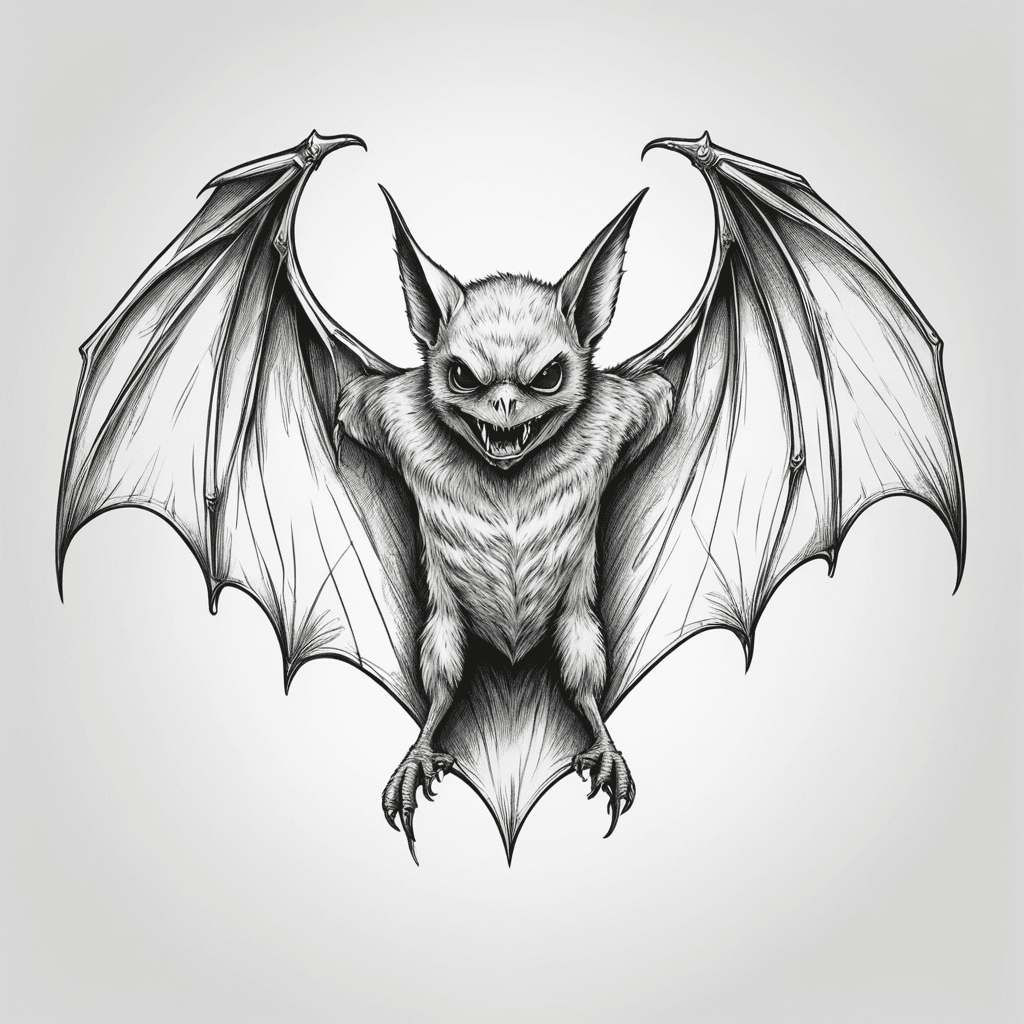  tattoo sketch in black and white line style,  detailed bat with small teeth and sharp spread ragged wings