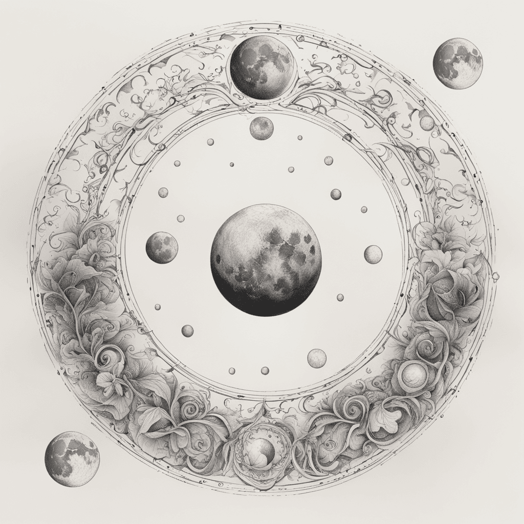 Cycle of moons on a straight line with the full moon or craters in the moon forming the letter A
