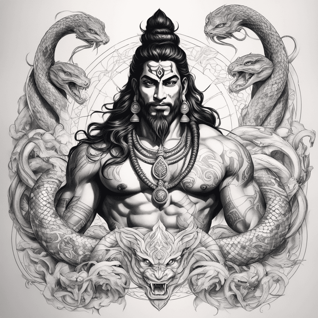 Tattoo of an angry Lord shiva with realistic snakes as background and hanuman below him. geometrical style