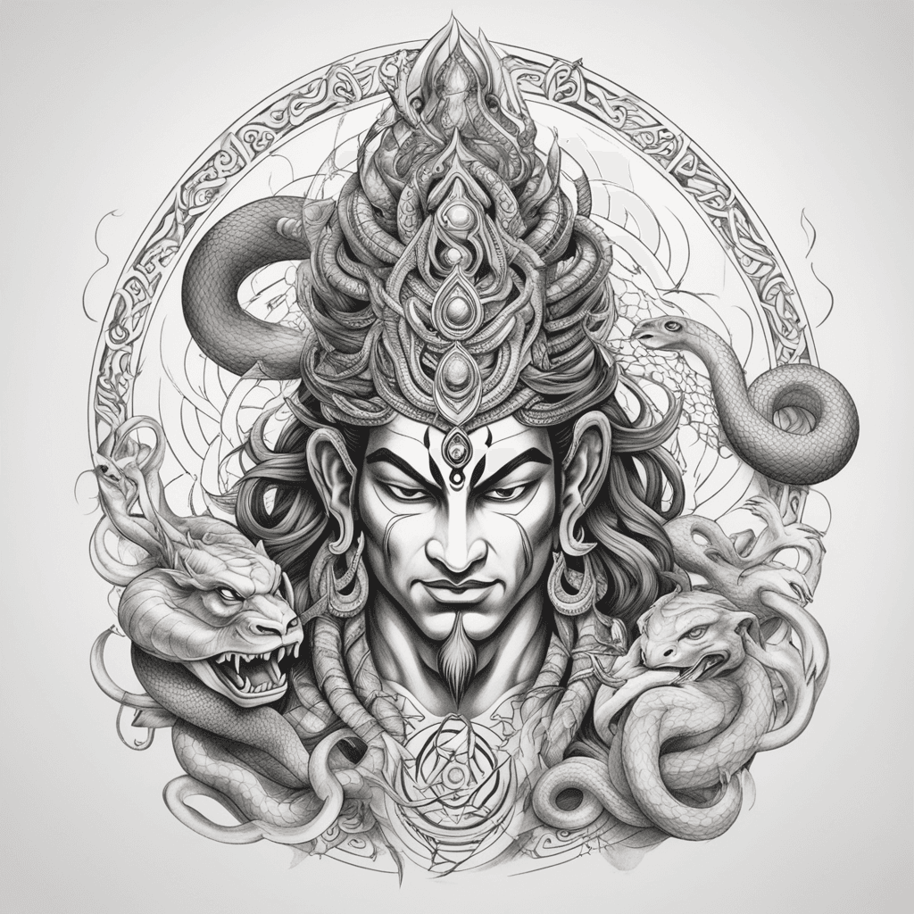 Tattoo of an angry Lord shiva and hanuman with realistic snakes as background and hanuman below him. geometrical style