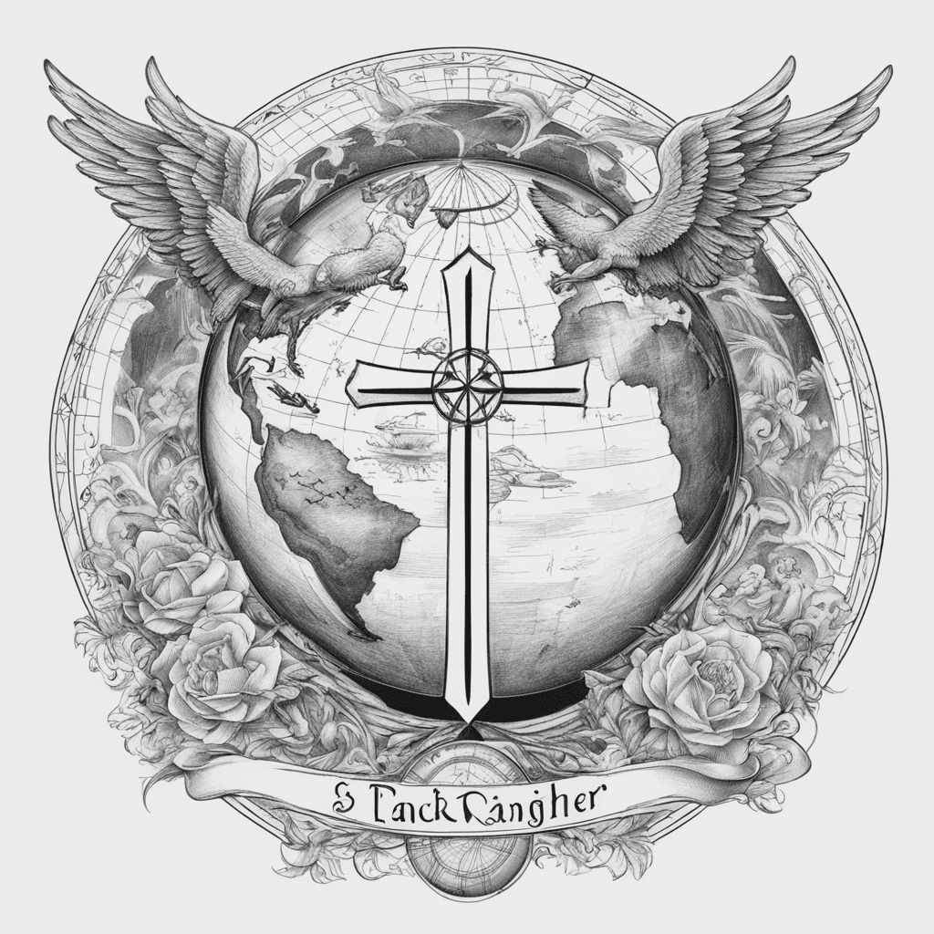 Black and white illustration of a cross with two angels on either side of it. the cross is in the  center of the image, with a globe below it. above the globe, there is a banner with the words "son/Daughter" written in a cursive font. the angels are flying around the globe with their wings spread wide, as if they are about to take flight. the angel on the left is holding a sword and appears to be attacking the dragon on the right. both angels have long, pointed wings and are holding swords in their hands. the background is a plain white paper."Create a tattoo design for a chest piece with a country vibe. Include an AR-15, Sig Sauer pistol, Smith & Wesson revolver, and a classic rifle. Replace the human body with a bat and owl. Add symbols of family like intertwined initials or horseshoes, and use geometric or Western-style patterns to create   make sure everything is it’s own separate object and image make sure there all meaningful and have significance 