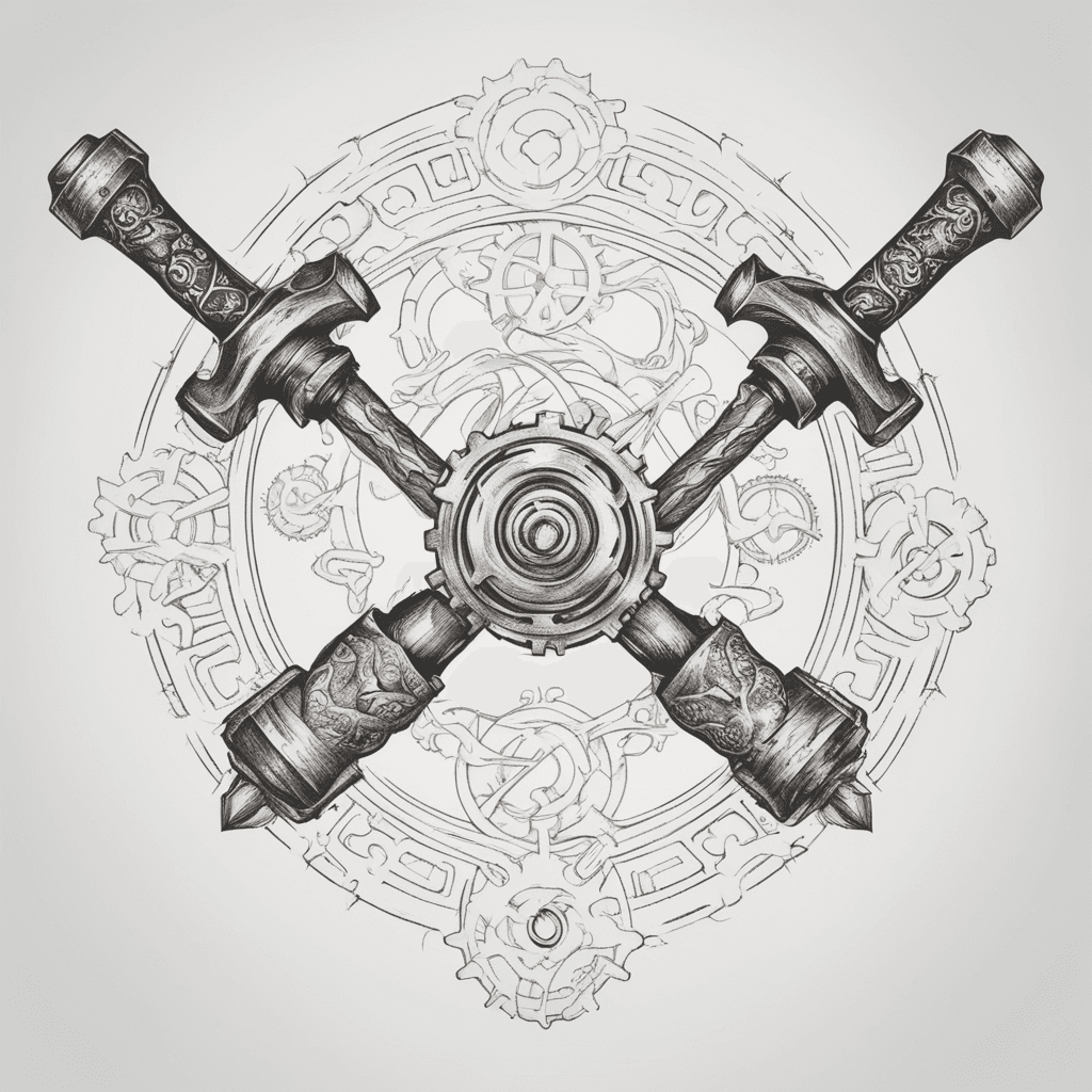 Two hammers crosswise with a gear around them, Minimalism