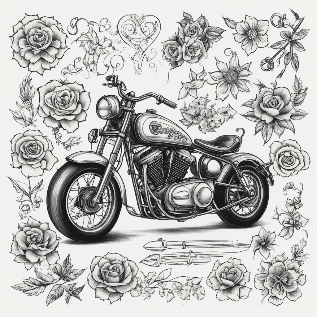 Sportler Motorrad, drumherum Blumen und EKG