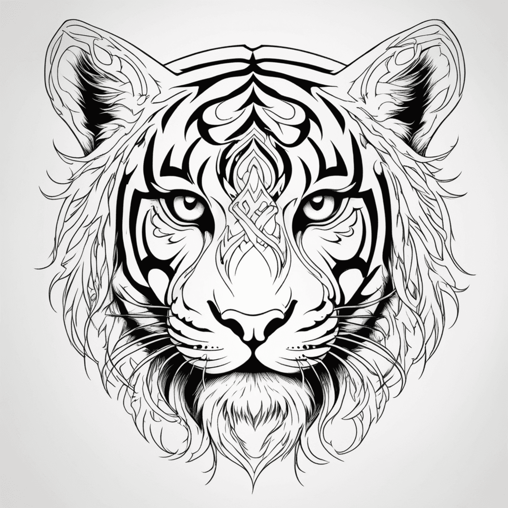 A tattoo design in a transparent background, of a fierce tiger staring death on front of you with skin color left transparent and only the black outlines visible