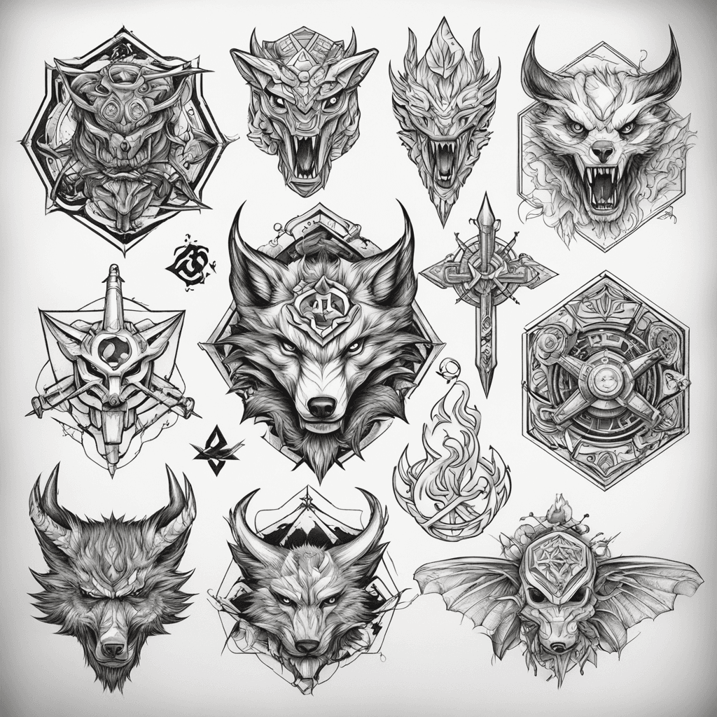 6 hexágonos en el antebrazo, el primero con una moto chopper, el segundo una catana, el tercero un lobo, el cuarto un demonio, el quinto un control de nintendo, el sexto a cadena de ADN