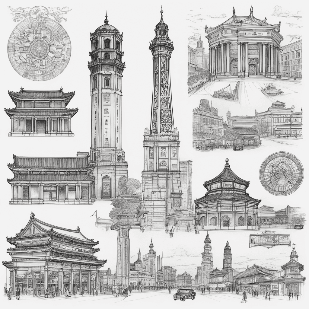 A black-and-grey tattoo design featuring iconic landmarks from five cities: Quincy Market (Boston), Kirkgate Market (Leeds), Coventry Transport Museum (Coventry), King Tower (Beijing), and Golden Lion Plaza (Qingdao). The landmarks are seamlessly arranged in a flowing, cohesive composition with intricate details, sharp lines, and a balanced layout. Elegant, modern, and suitable for a tattoo sleeve or back piece. No text, no unnecessary embellishments.