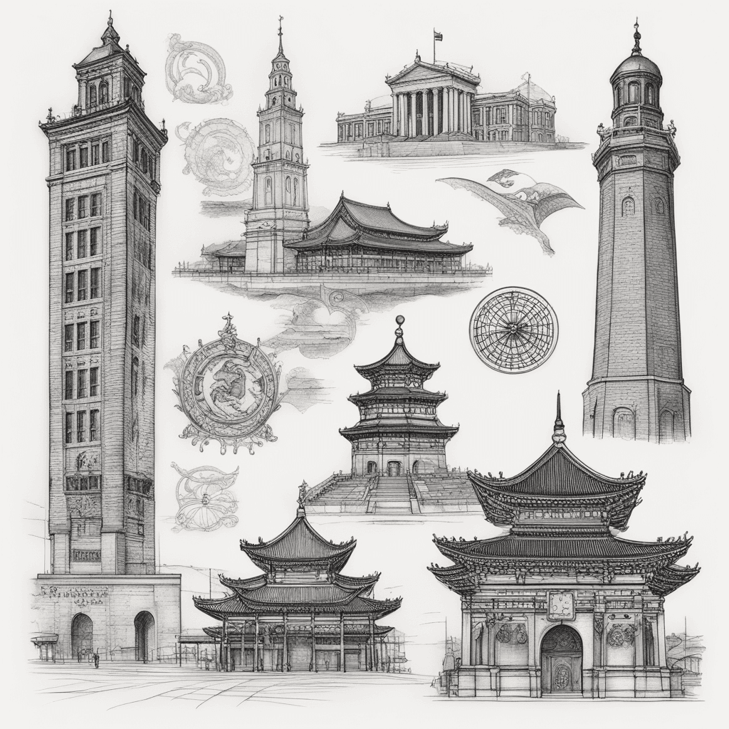 A black-and-grey tattoo design featuring iconic landmarks from five cities: Quincy Market (Boston), Kirkgate Market (Leeds), Coventry Transport Museum (Coventry), King Tower (Beijing), and Golden Lion Plaza (Qingdao). The landmarks are seamlessly arranged in a flowing, cohesive composition with intricate details, sharp lines, and a balanced layout. Elegant, modern, and suitable for a tattoo sleeve or back piece. No text, no unnecessary embellishments.