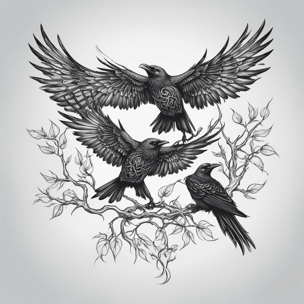 Create a black tattoo in the Celtic style. Two small black crows on a man's body - one under his chest in flight, the other sitting on the side to the right below on a branch.