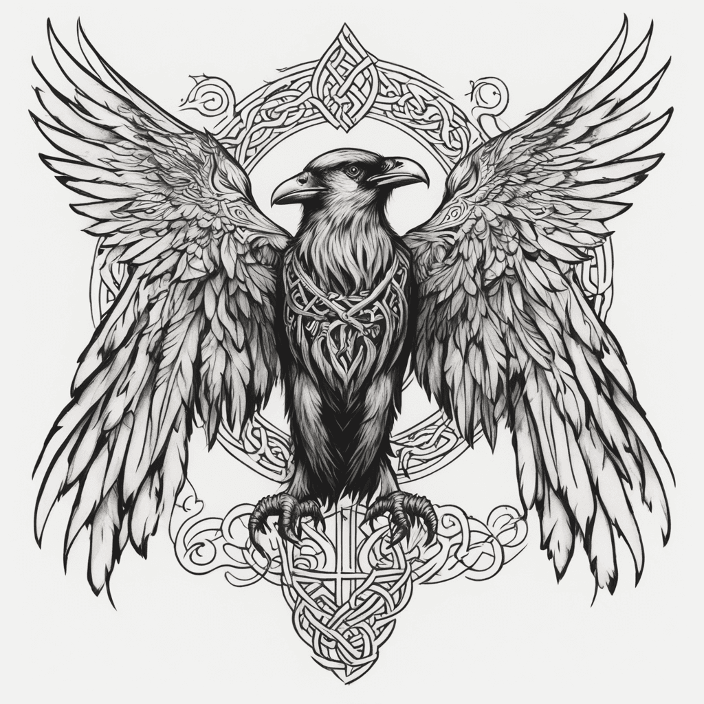 Create a black tattoo in the Celtic style. Two small black crows on a man's body - one under his chest in flight, the other sitting on the side to the right below on a branch.