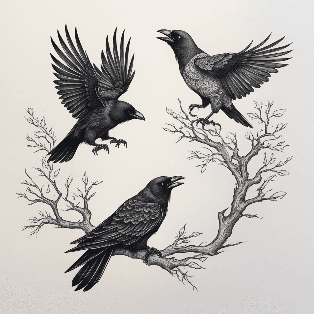 Two small black crows on a man's body - one under his chest in flight, the other sitting on the side to the right below on a branch.