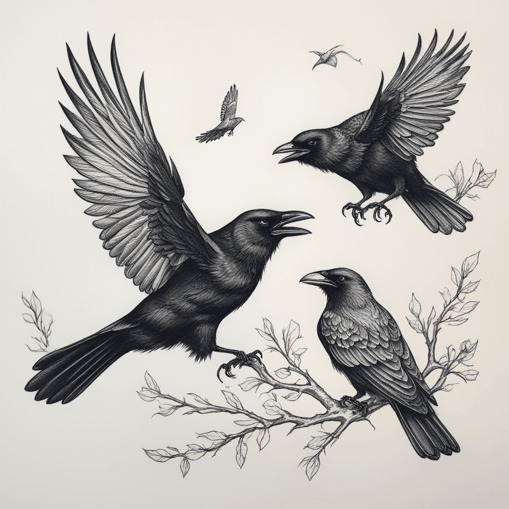 Two small black crows on a man's body - one under his chest in flight, the other sitting on the side to the right below on a branch.