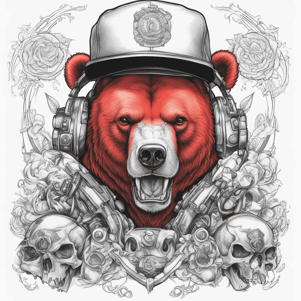  a red bear wearing a cap and an android with the top half of its skull transparent, allowing you to see its brain.