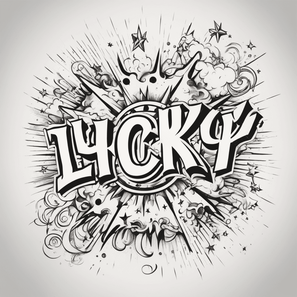 The word 'lucky' has four stars on top, a number seven in the bottom right corner, and an explosion effect box