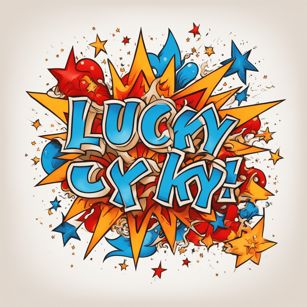 The word 'lucky' has four stars above it, a number seven in the bottom right corner, and an explosion effect box. The overall color tone is red, blue, orange, and yellow