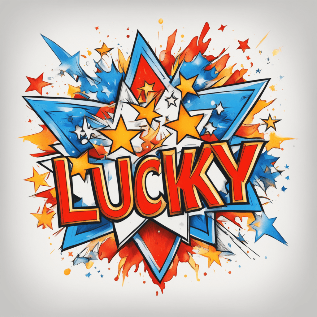 The word 'lucky' has four stars above it, a number seven in the bottom right corner, and an explosion effect box. The overall color tone is red, blue, orange, and yellow