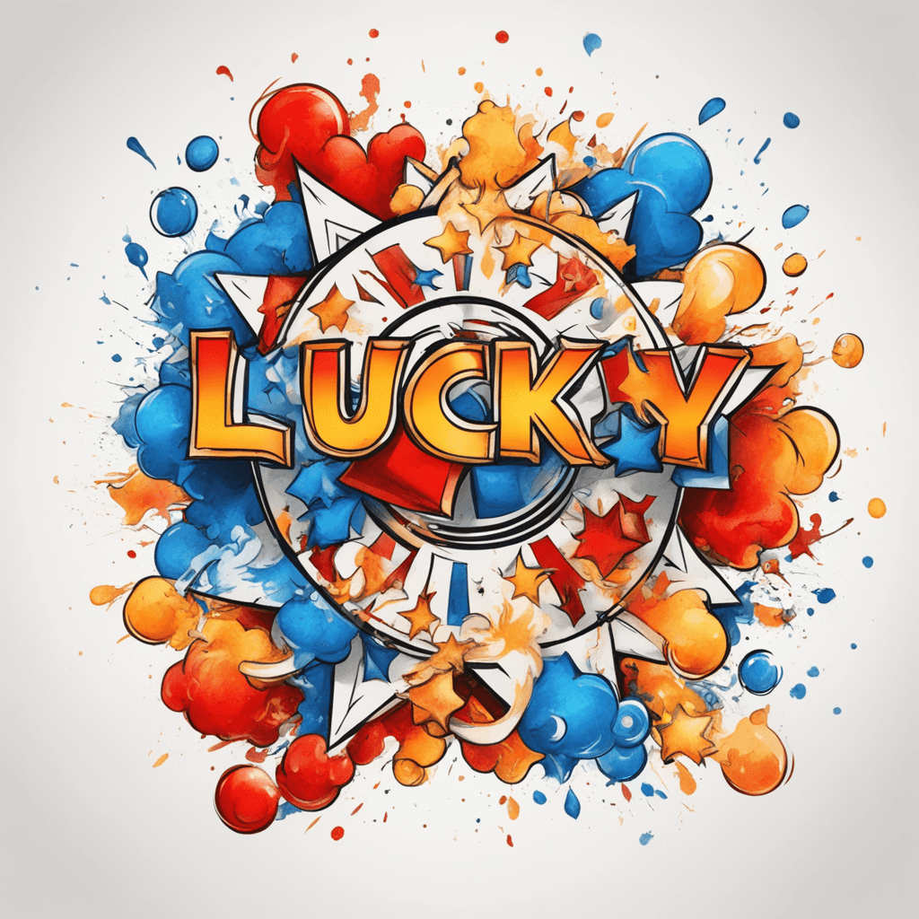 The word 'lucky' has four stars above it, a number seven in the bottom right corner, and an explosion effect box. The overall color tone is red, blue, orange, and yellow