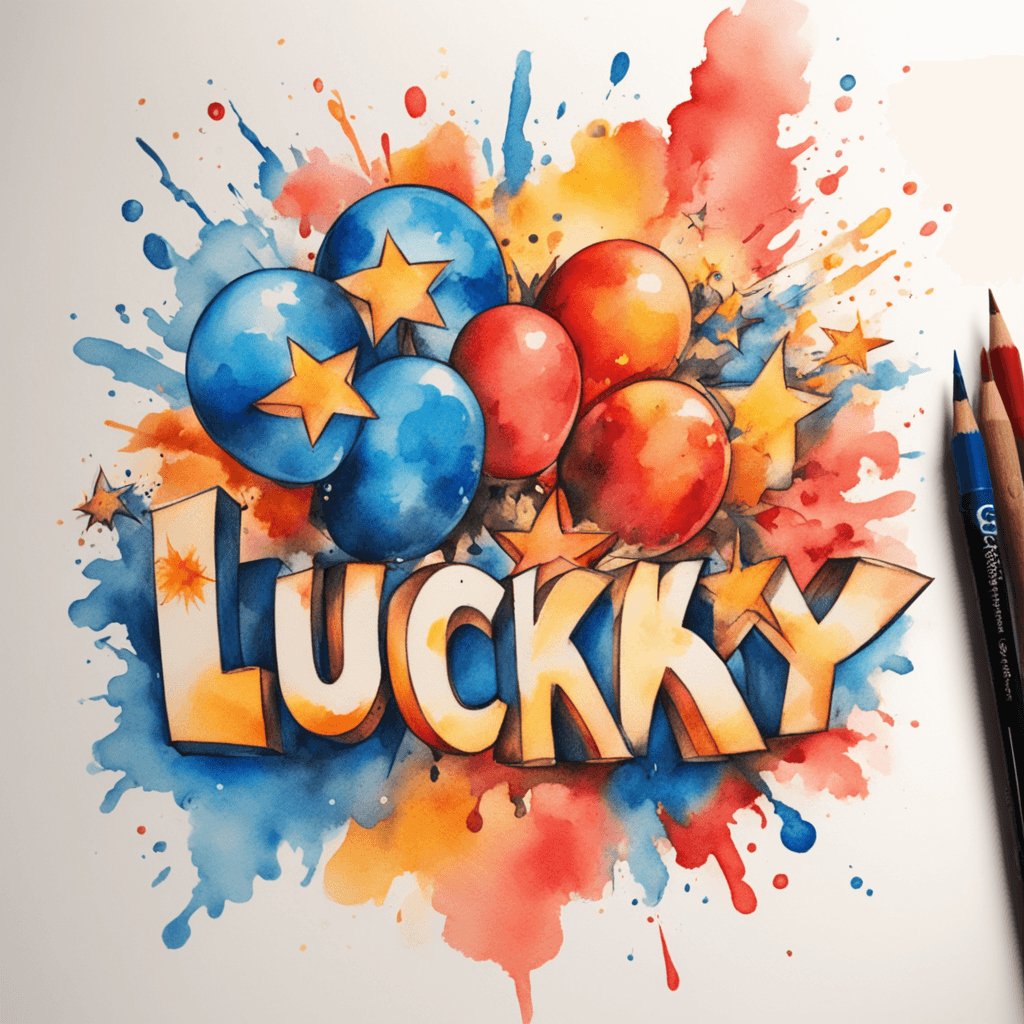 The word 'lucky' has four stars above it, a number seven in the bottom right corner, and an explosion effect box. The overall color tone is red, blue, orange, and yellow