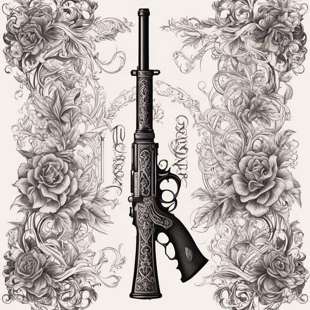 A gothic vintage type poster with the title “WINE AND GUN”, the text is surrounded by a gothic classical pattern, the silhouette has an overall sharp shape, but inside there is a curved pattern. The color scheme is simple. The floral pattern is thin and extremely complex, and sets off the subject.