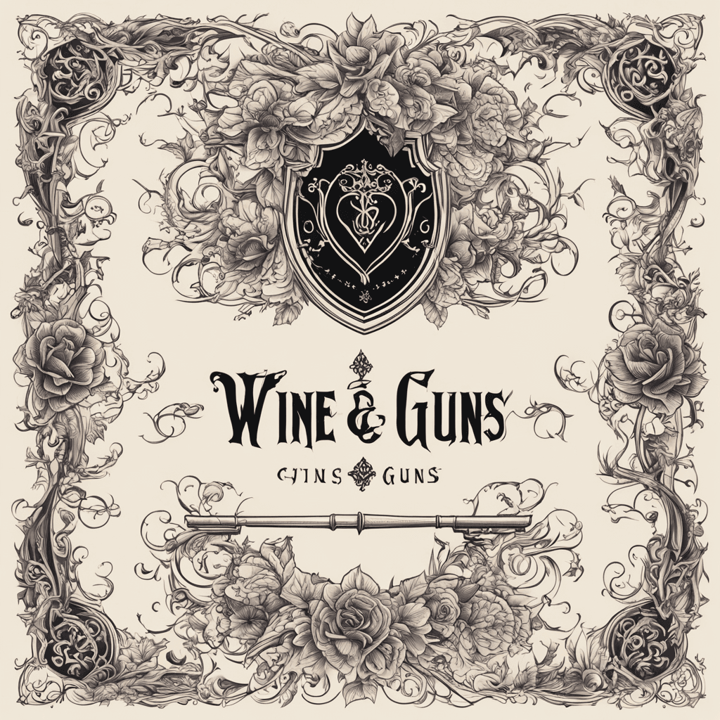 This is a gothic vintage poster with the title “Wine and Guns”, the text is combined with gothic classical motifs, the contour lines are sharp in overall shape but have curved patterns inside. The color scheme is simple. The gothic motifs are thin and extremely busy, setting off the theme.