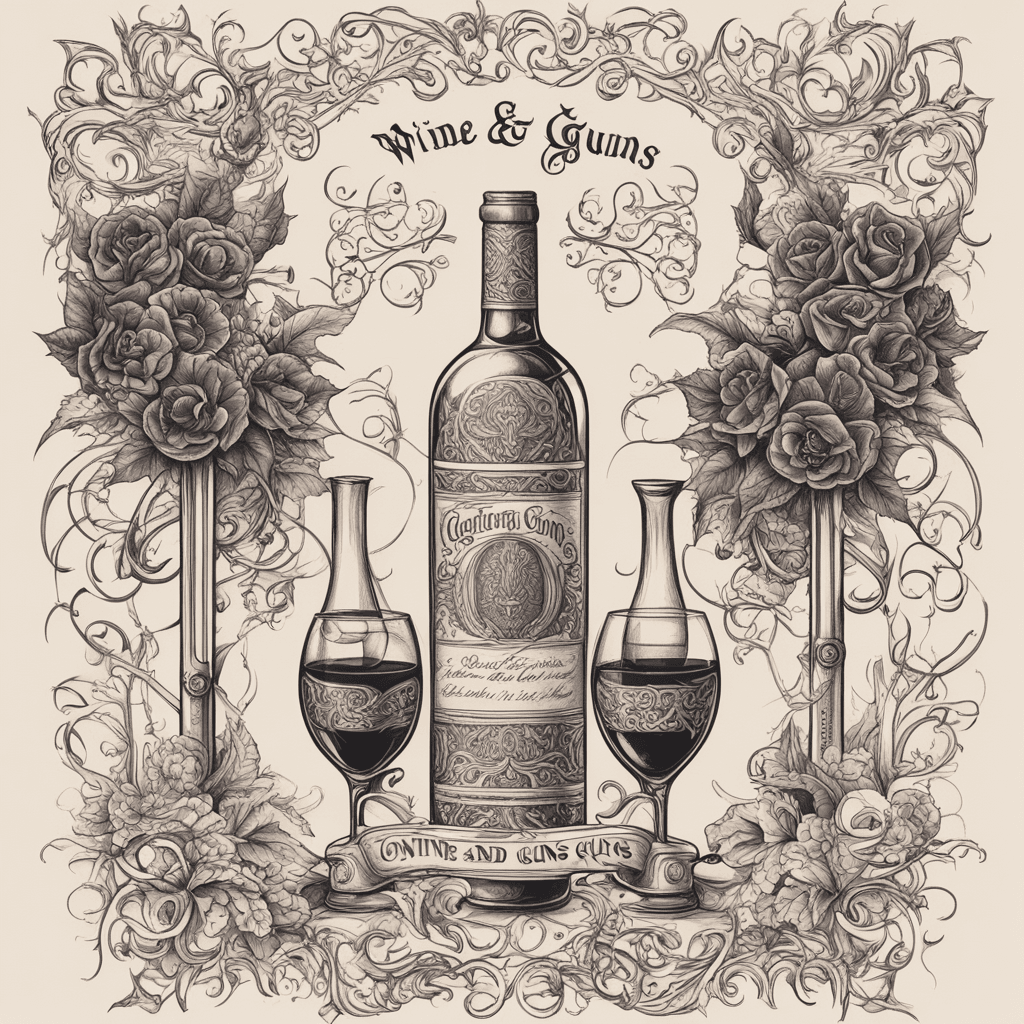 This is a gothic vintage poster with the title “Wine and Guns”, the text is combined with gothic classical  motifs, the contour lines are sharp in overall shape but have curved patterns inside. The color scheme is simple. The gothic  motifs are thin and extremely busy, setting off the theme.