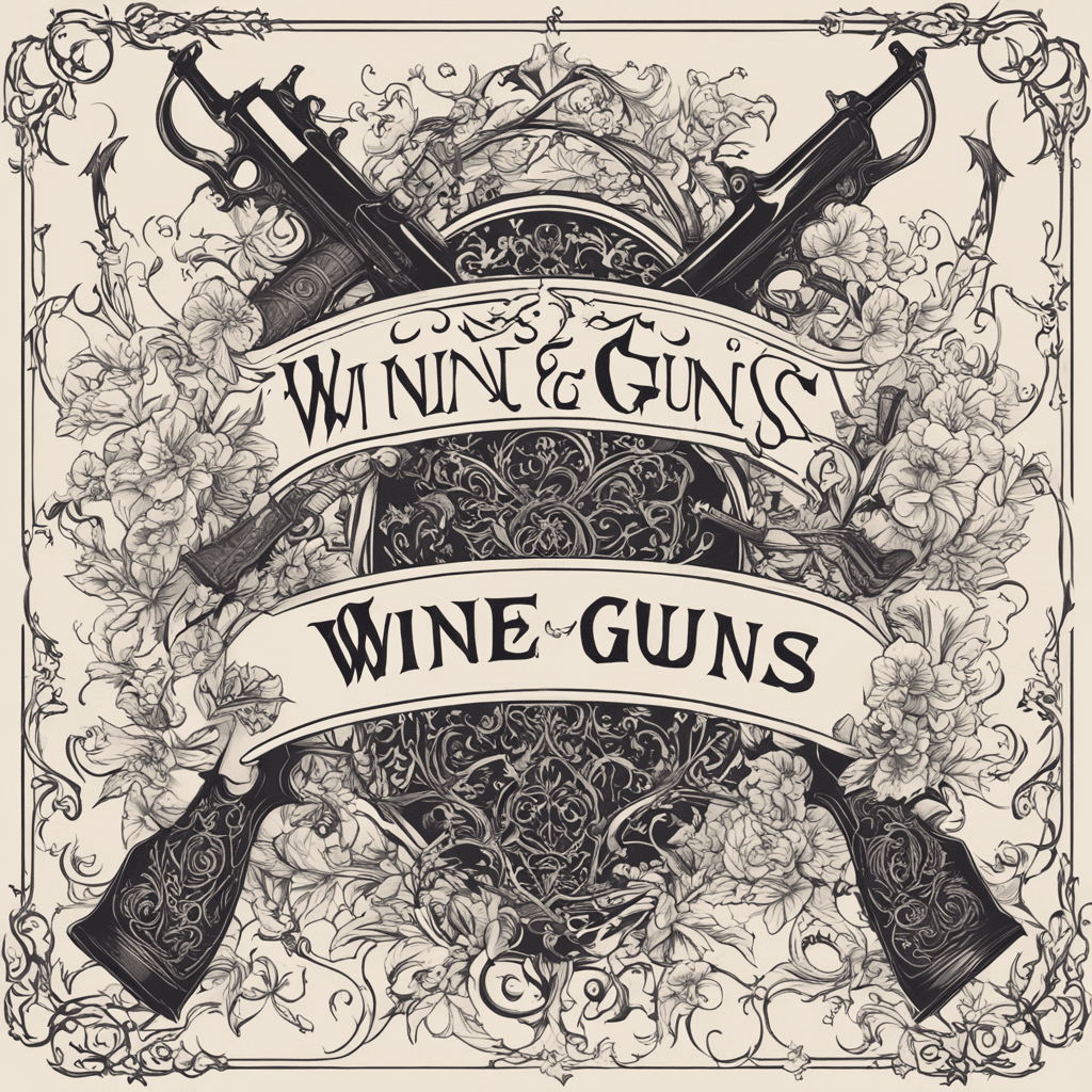 This is a gothic vintage poster with the title “Wine and Guns”, the text is combined with gothic classical motifs, and the silhouette lines have a sharp overall shape, but with curved patterns inside. The color scheme is simple. The gothic motifs are thin and intricate, setting off the theme. Abstract design. Modern Designs. Vector graphics. No figurative flowers.