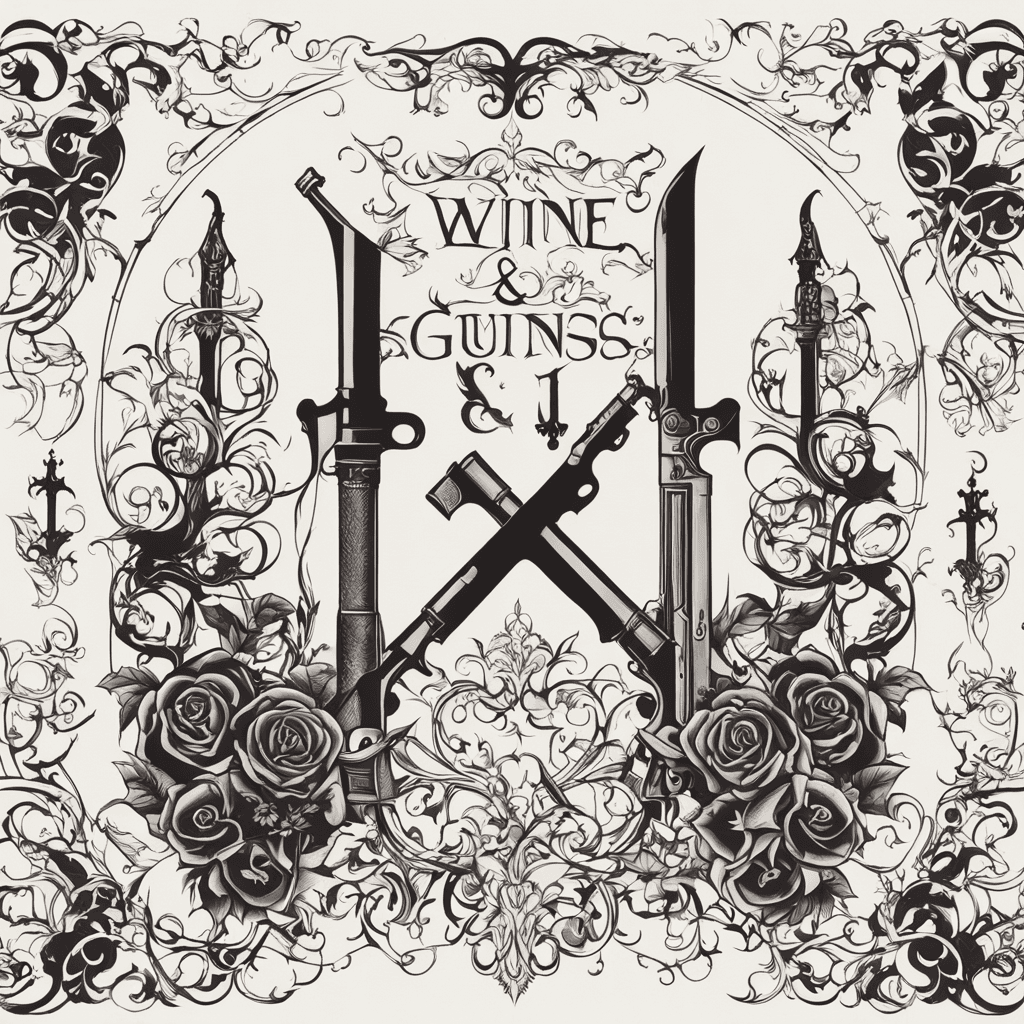 This is a gothic vintage poster with the title “Wine and Guns”, the text is combined with gothic classical motifs, and the silhouette lines have a sharp overall shape, but with curved patterns inside. The color scheme is simple. The gothic motifs are thin and intricate, setting off the theme. Abstract design. Modern Designs. Vector graphics. No figurative flowers.