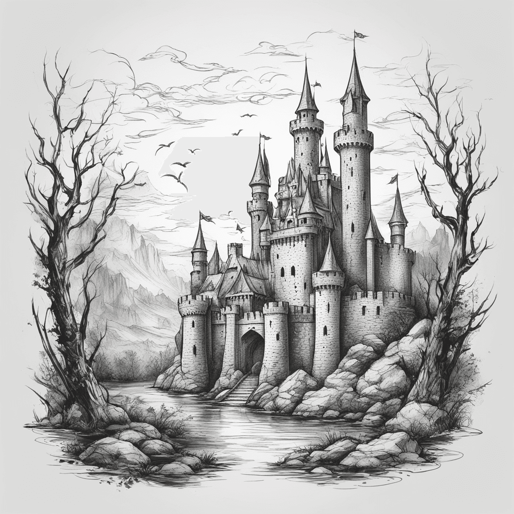 ruined Dark Medieval Times castle. Use only thick black lines to craft the imagery.  aftermath of a great battle, with the castle standing as a symbol of defeat