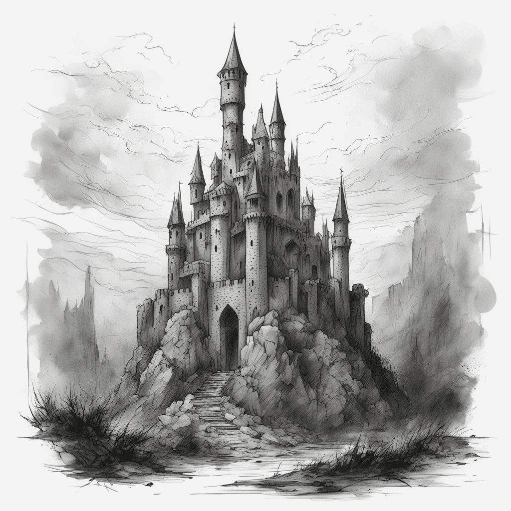 A ruined and abandoned medieval castle stands in the aftermath of a massive battle, surrounded by a bleak, gray atmosphere. The design uses only thick black lines in black and white, evoking a sense of isolation, hostility, sorrow, and deep melancholy