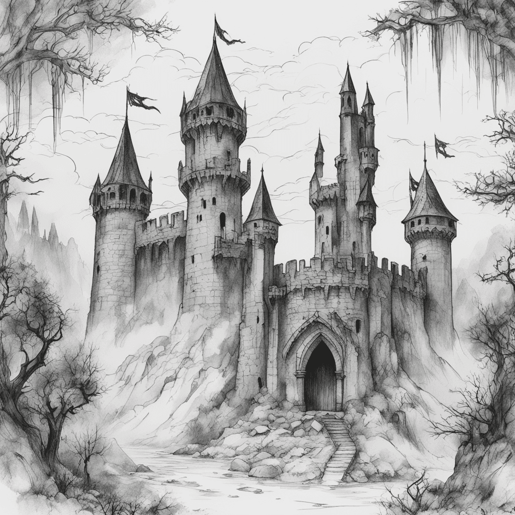 A ruined and abandoned medieval castle looms in the aftermath of a massive battle, shrouded in a bleak, gray atmosphere. The design uses only thick black lines in black and white, adhering to the black metal aesthetic of the early 90s, inspired by the album covers of bands like Satyricon and Emperor, evoking isolation, hostility, sorrow, and profound melancholy