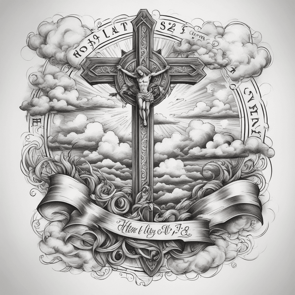 a angle holding a broken heart, with a wooden cross and a eye in the middle of the cross, and surrounded storm clouds on the left and on the the right beautiful clouds with the sun with the bible verse PSALM 55:22 ON THE FOREARM