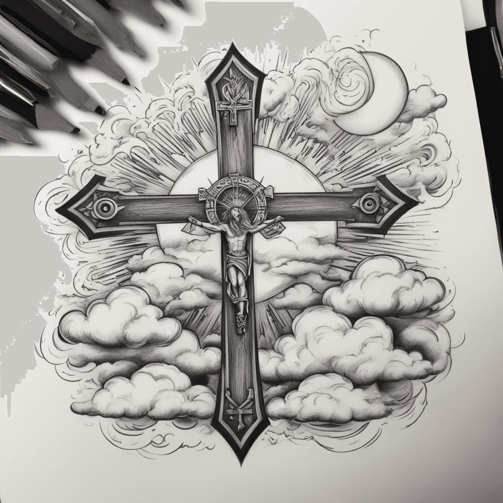 a angle holding a broken heart, with a wooden cross and a eye in the middle of the cross, and surrounded storm clouds on the left and on the the right beautiful clouds with the sun with the bible verse PSALM 55:22 ON THE FOREARM