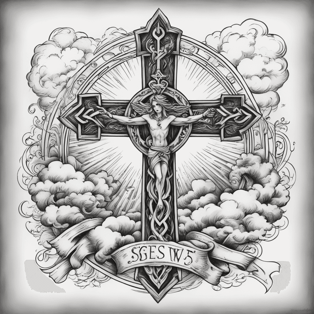 a angle holding a broken heart, with a wooden cross and a eye in the middle of the cross, and surrounded storm clouds on the left and on the the right beautiful clouds with the sun with the bible verse PSALM 55:22 ON THE FOREARM