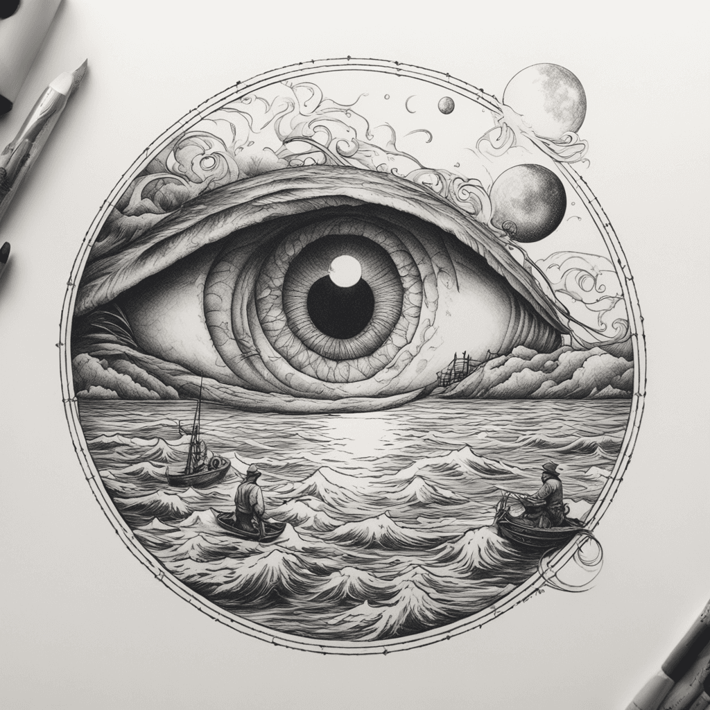 eyeball as the moon overlooking a fisherman