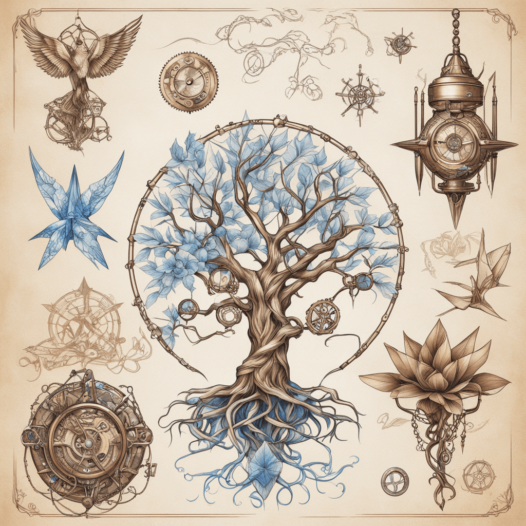 steampunk tree roots, glass capsule displays, rusted chains with sapphire inlays, origami crane with copper skeleton, hyper-detailed etching, sepia tone with cobalt accents