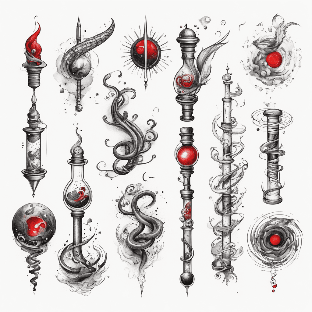 deconstructed punctuation tattoos, snake tail comma, test tube semicolon, black hole ellipsis, surgical suture texture, meteorite dust effect, monochrome with red accents