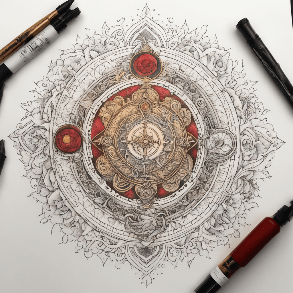 emotional spectrum tattoo, layered surgical illustration style, carbonized wood texture, red blood cell pattern under microscope, Tibetan Thangka gold leaf, scratchable ink concept, dark academia palette