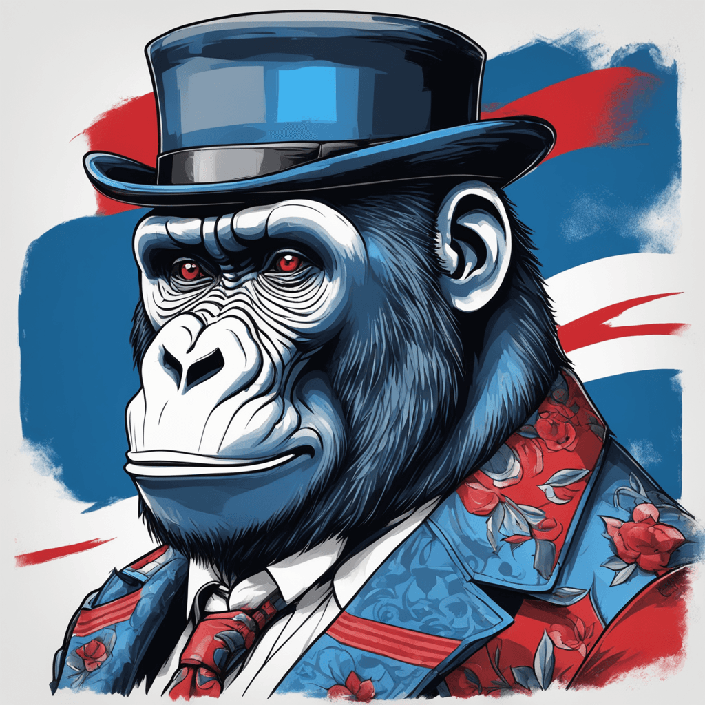 A pixelated blue gorilla wearing a black top hat with a red stripe, he has only arms a torso but no legs 