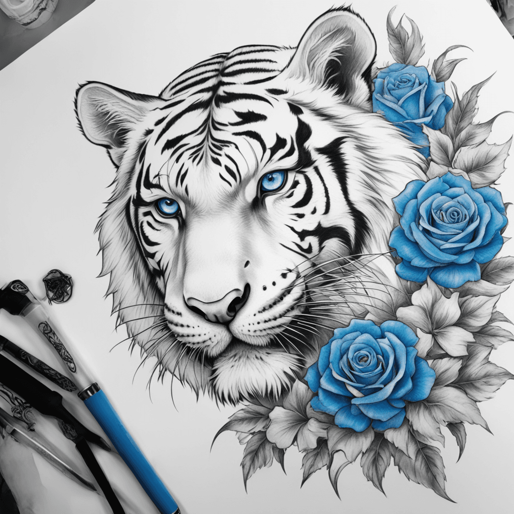 Half sleeve going around shoulder and chest, white tiger on chest, dragon up arm onto shoulder with blue rose