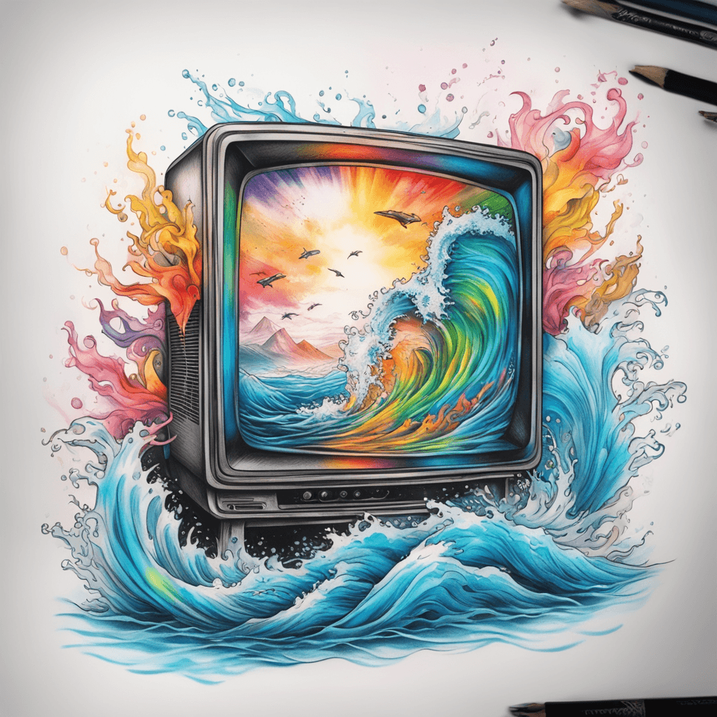 television screens underwater and no signal text on the screen, there is a color bar on the screen and all the colors have flowed towards the water