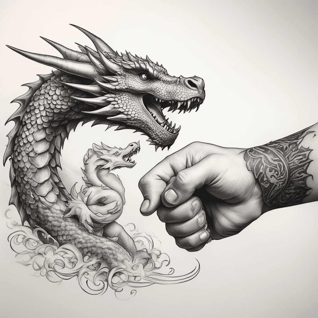 adult's fist bumping a baby's fist, with a dragon theme incorporated