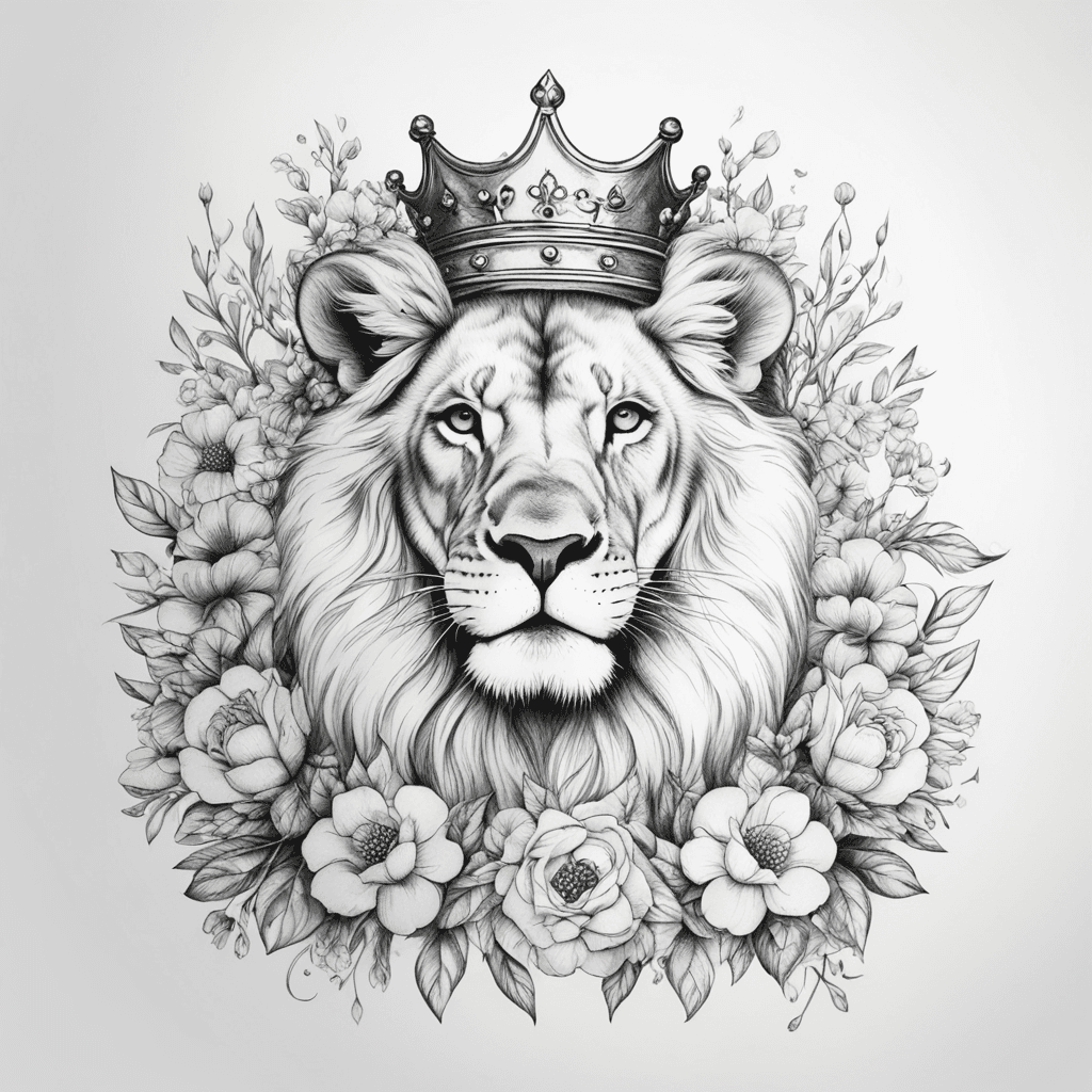 a lion with a crown on his head with flowers all around 