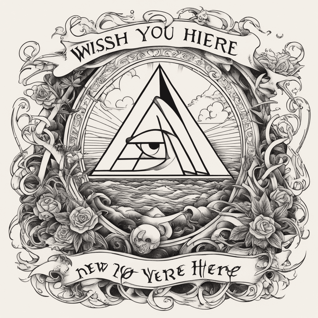 The cover of the album named "wish you were here" from Pink Floyd combined with a random motto 