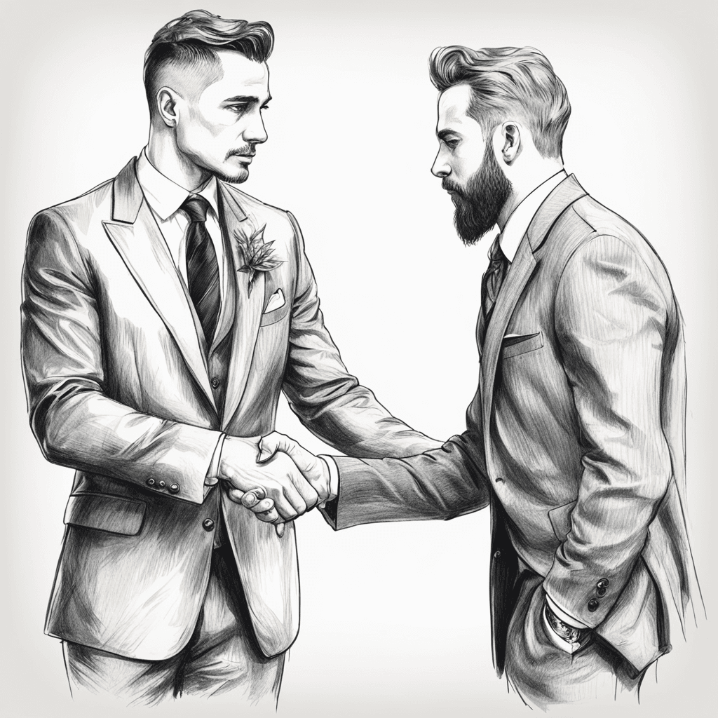 Two men in suits are shaking hand, one of them is got fired