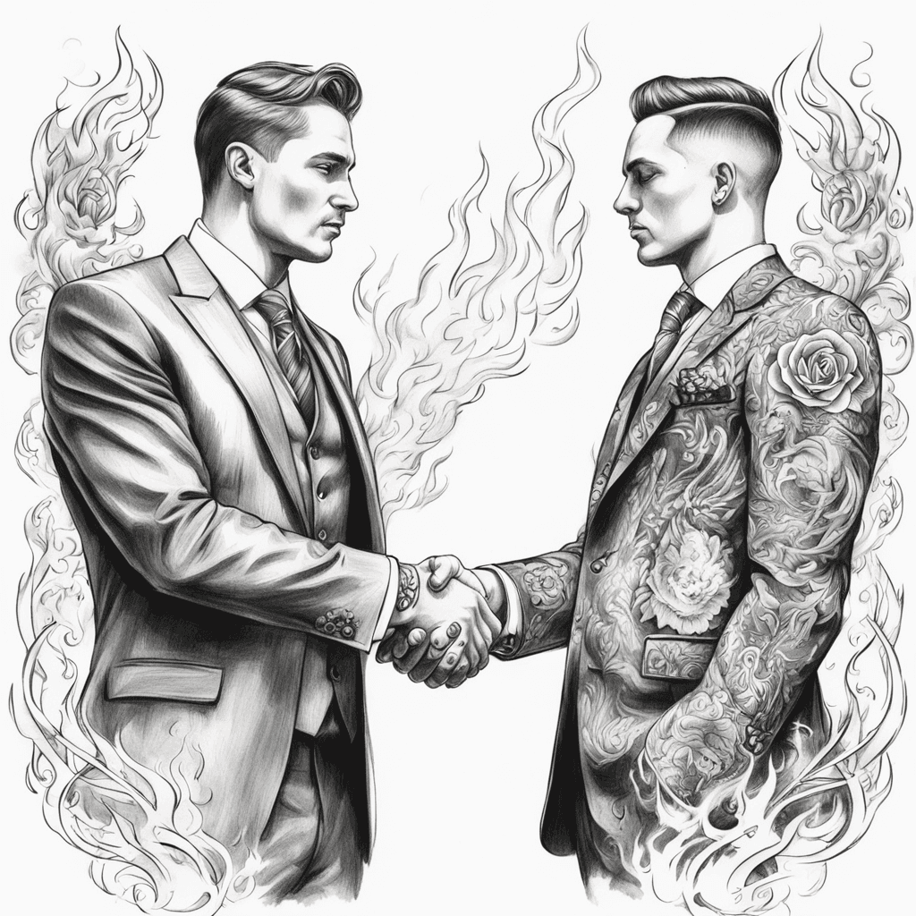 Two man in suit are shaking hands, one of them is on fire