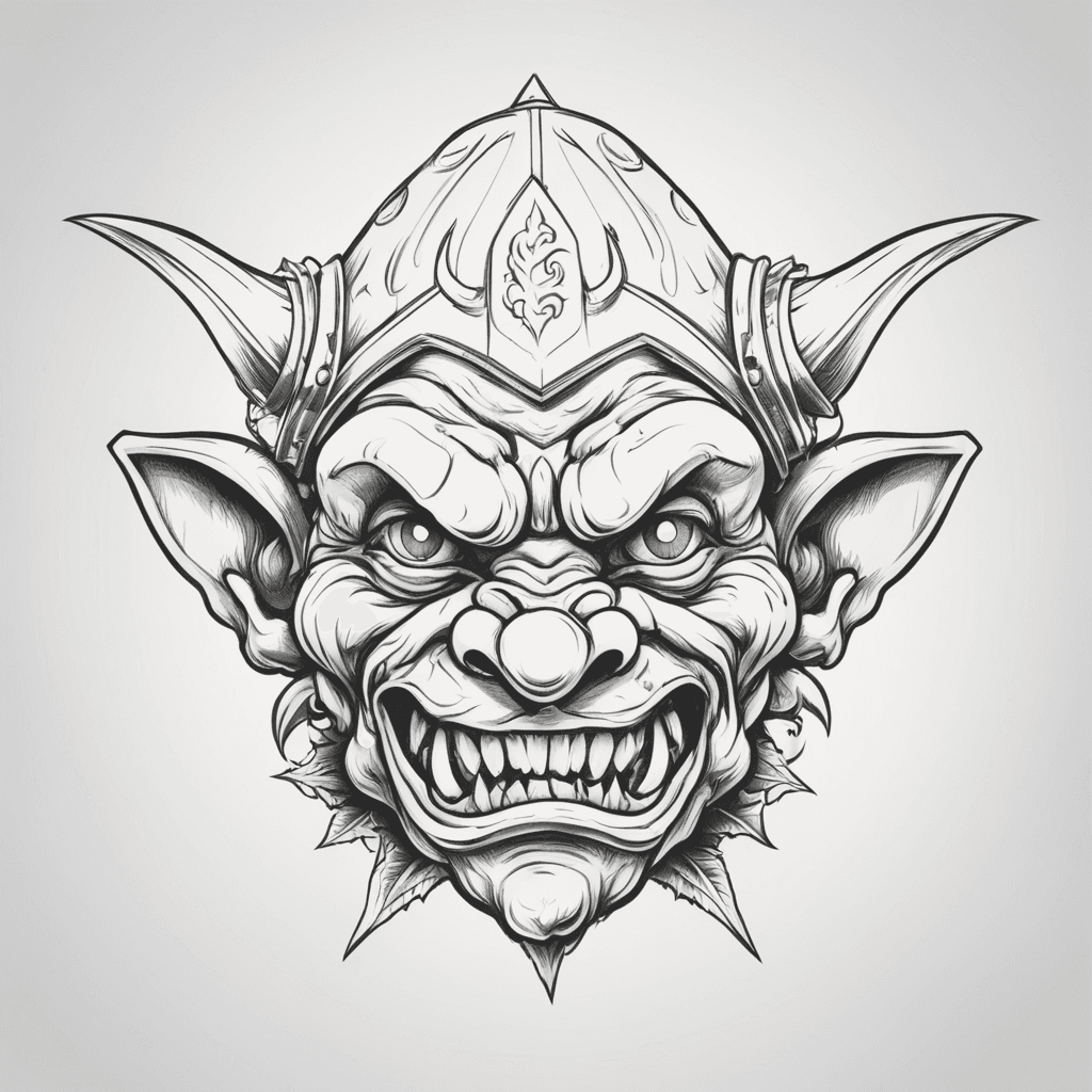 A goblin head with a knife going through it